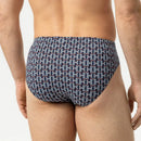 Mey heren slip Jazz Pants 2120289 in donkerblauw met wit-roestbruin geometrisch patroon en logolabel op de tailleband. - Jambelles