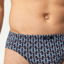 Mey heren slip Jazz Pants 2120289 in donkerblauw met wit-roestbruin geometrisch patroon en logolabel op de tailleband. - Jambelles