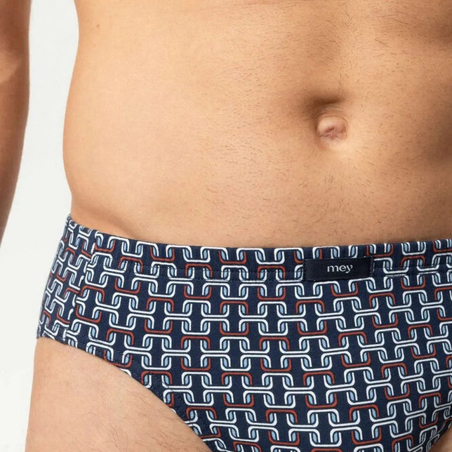 Mey heren slip Jazz Pants 2120289 in donkerblauw met wit-roestbruin geometrisch patroon en logolabel op de tailleband. - Jambelles