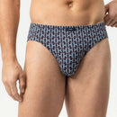 Mey heren slip Jazz Pants 2120289 in donkerblauw met wit-roestbruin geometrisch patroon en logolabel op de tailleband. - Jambelles