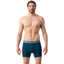 Close-up van donkerblauwe Muchachomalo herenboxer met geruite tailleband en wit merklogo. - Jambelles