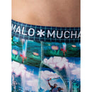 Close-up van donkerblauwe Muchachomalo herenboxer met geruite tailleband en wit merklogo. - Jambelles