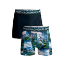 Close-up van donkerblauwe Muchachomalo herenboxer met geruite tailleband en wit merklogo. - Jambelles