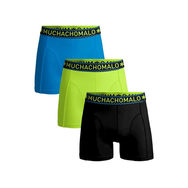 Muchachomalo SOLID1010 herenboxers 3-pack in blauw, limegroen en zwart met logoband en contrasterende stiksels. - Jambelles