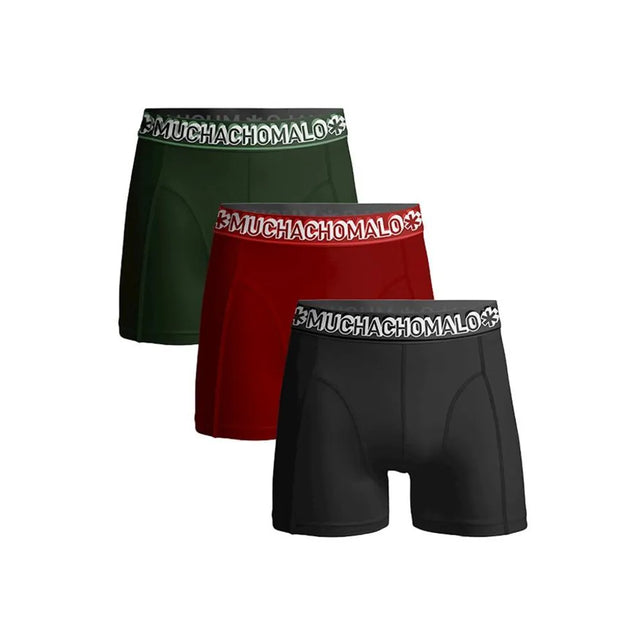 Muchachomalo herenboxers 3-pack in zwart, rood en donkergroen met korte pijpen en logoband. - Jambelles