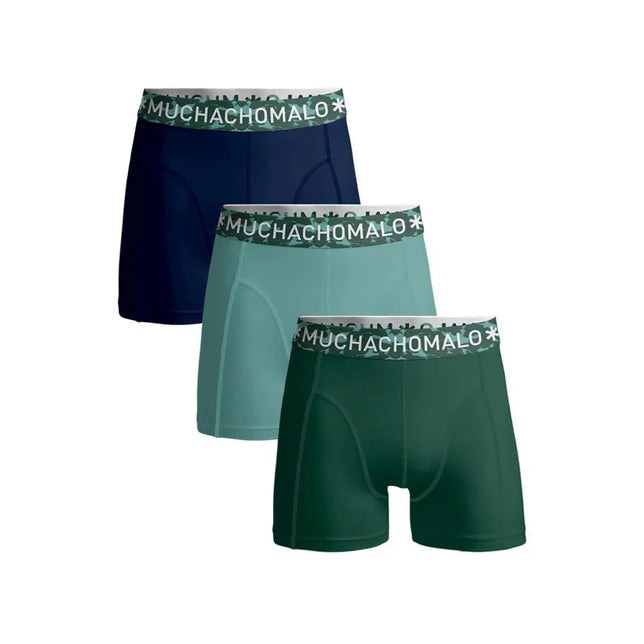 Muchachomalo herenboxers 3-pack in donkerblauw, mintgroen en donkergroen met camouflage tailleband en wit logo. - Jambelles