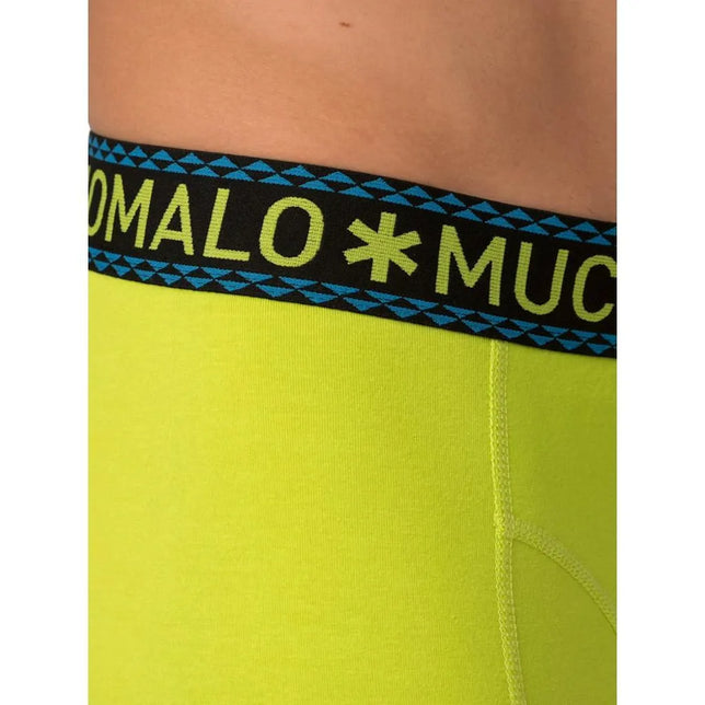 Muchachomalo herenboxer in limoengroen met zwarte logoband en blauw driehoekpatroon. - Jambelles