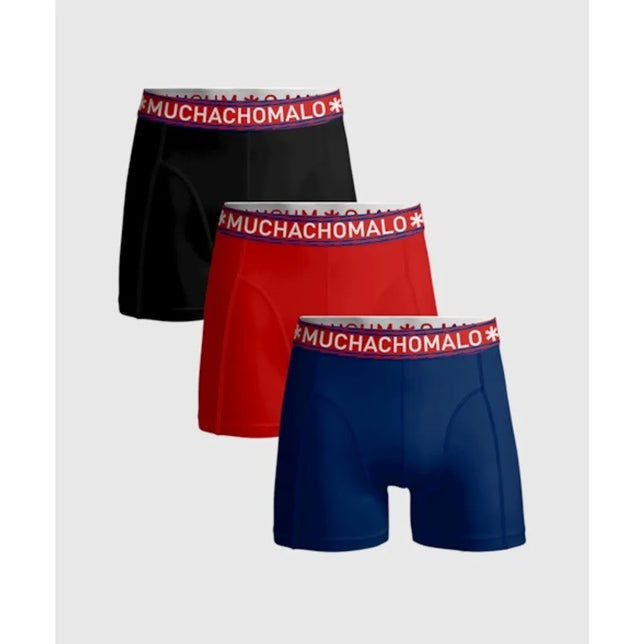 Muchachomalo herenboxers 3-pack in zwart, rood en blauw, effen met brede logoband en lange pijpen. - Jambelles