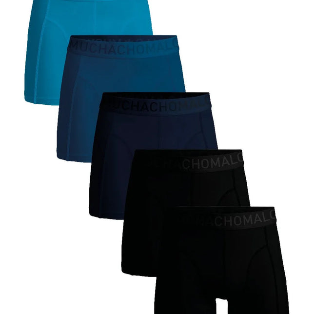 Muchachomalo 5P Solid herenboxers in turquoise, blauw, donkerblauw en zwart met brede logoband. - Jambelles