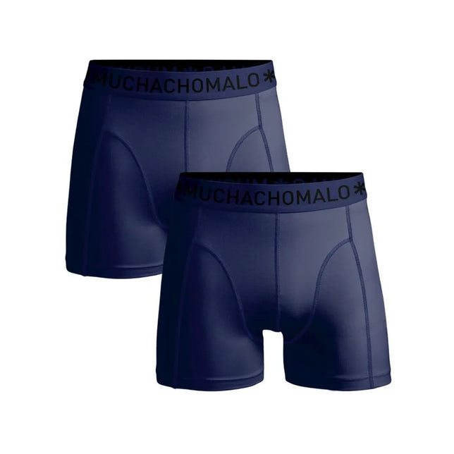 Twee donkerblauwe Muchachomalo herenboxers van microfiber met logoband en zichtbare siernaden. - Jambelles