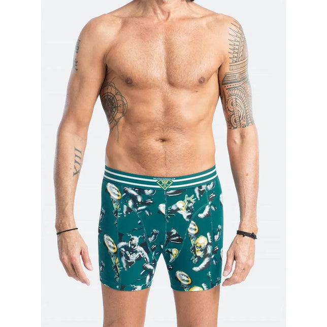 Muchachomalo herenboxershort COMIC1010 in petrolgroen met comicprint en groen-wit gestreepte tailleband - Jambelles