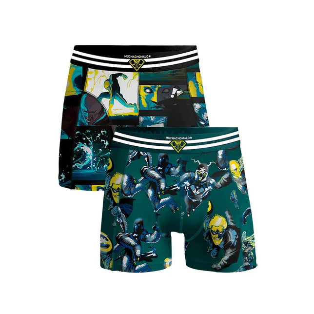 Muchachomalo heren 2-pack boxershorts in groen en zwart met kleurrijke comicprint en gestreepte logoband. - Jambelles
