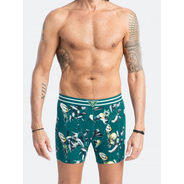 Muchachomalo heren boxershort COMIC1010 in groen met comicprint en gestreepte logotailleband. - Jambelles