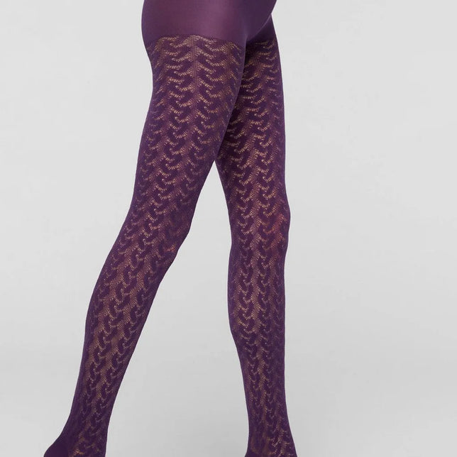 Oroblu Bio Sneakers Wave 40 damespanty in paars met transparant golvend kantpatroon en effen bovenstuk. - Jambelles