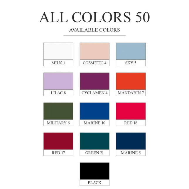 Kleurenkaart van Oroblu damespanty Magie 40 shine met 13 tinten, waaronder wit, roze, blauw, rood, groen en zwart. - Jambelles