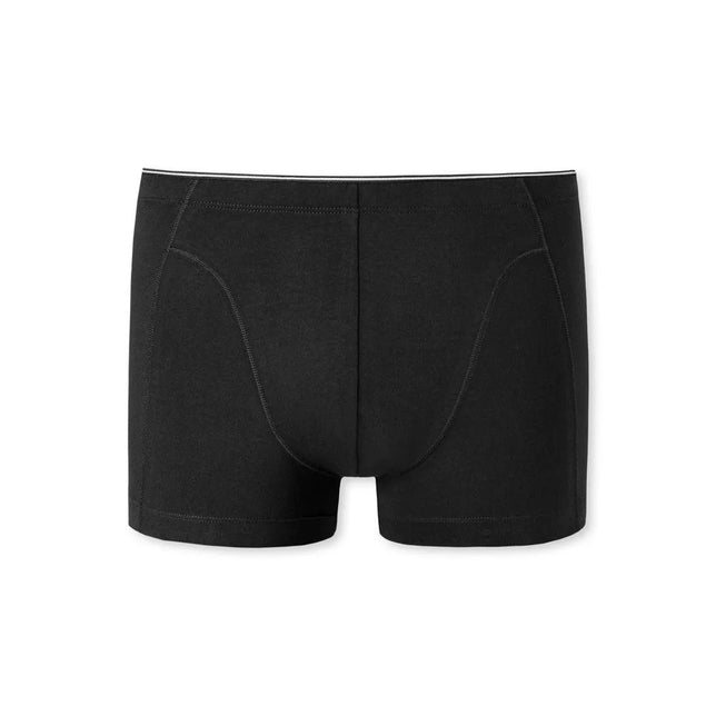 Schiesser heren boxershort 174004 in zwart, met aansluitende pijpen, voorgevormd kruis en smalle wit gestreepte tailleband. - Jambelles