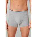 Schiesser herenboxershort 174004 in grijs gemêleerd, achteraanzicht met korte pijpen en dunne zwarte tailleband. - Jambelles