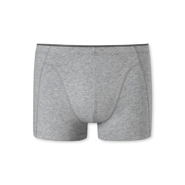 Grijze Schiesser herenboxershort 174004 met korte pijpen, zwarte taillebandbies en zichtbare naden aan de voorkant. - Jambelles