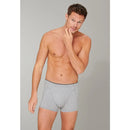 Schiesser herenboxershort 174004 in grijs gemêleerd, achteraanzicht met korte pijpen en dunne zwarte tailleband. - Jambelles