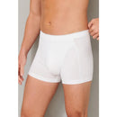 Schiesser herenboxershort 174004 in grijs gemêleerd, achteraanzicht met korte pijpen en dunne zwarte tailleband. - Jambelles