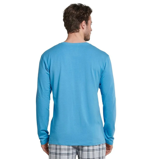 Achteraanzicht van Schiesser heren nachtshirt 163846 in blauw, effen model met lange mouwen en ronde hals. - Jambelles