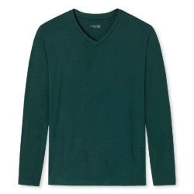 Schiesser heren nachtshirt 163846 in donkergroen, met lange mouwen en V-hals. - Jambelles