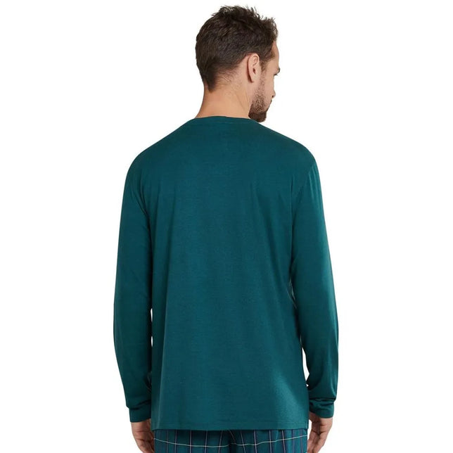 Achteraanzicht van Schiesser heren nachtshirt 163846 in petrolgroen, effen model met lange mouwen. - Jambelles
