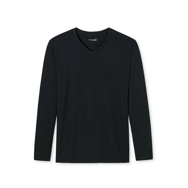 Schiesser heren nachtshirt 163846 in zwart, effen model met lange mouwen en V-hals. - Jambelles
