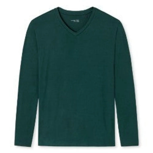 Donkergroen Schiesser heren nachtshirt 163846 met lange mouwen, V-hals en effen ontwerp. - Jambelles
