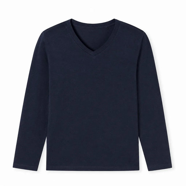 Donkerblauw Schiesser heren nachtshirt 180285 met lange mouwen, effen ontwerp en V-hals. - Jambelles