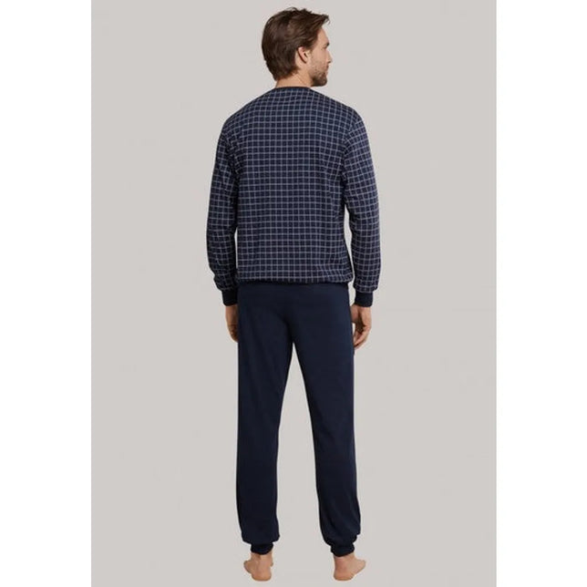 Schiesser heren pyjamaset lang 159618 in donkerblauw met geruite top en effen broek, achteraanzicht. - Jambelles