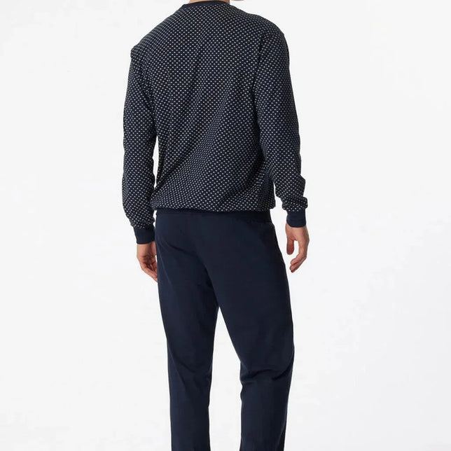 Schiesser herenpyjama Lang 159620 in donkerblauw, met gestippeld shirt met lange mouwen en effen broek, achteraanzicht. - Jambelles