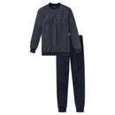 Schiesser herenpyjama Lang 159620 in donkerblauw, met gestippeld shirt met lange mouwen en effen broek, achteraanzicht. - Jambelles