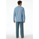 Schiesser herenpyjama 181154 met lichtblauw shirt met V-hals en borstzak en donkerblauwe broek met fijn dessin. - Jambelles