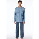 Schiesser herenpyjama 181154 met lichtblauw shirt met V-hals en borstzak en donkerblauwe broek met fijn dessin. - Jambelles