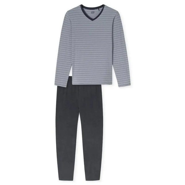 Schiesser herenpyjama 181921 met grijs gestreept shirt, V-hals en lange mouwen en effen donkergrijze broek. - Jambelles