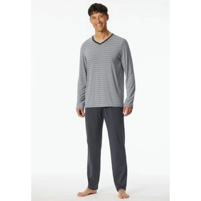 Schiesser herenpyjama 181921 met grijs gestreept shirt met lange mouwen en V-hals en effen donkergrijze broek - Jambelles