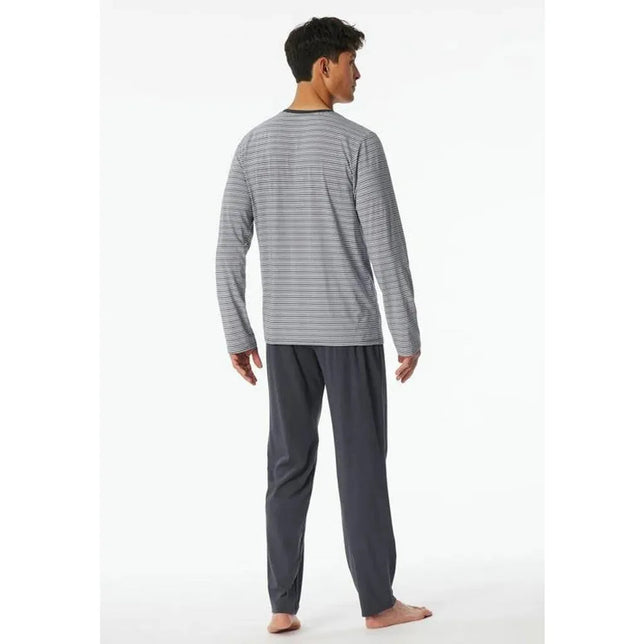 Schiesser heren pyjamaset 181921 van achteren, met grijs gestreept shirt en donkergrijze lange broek. - Jambelles
