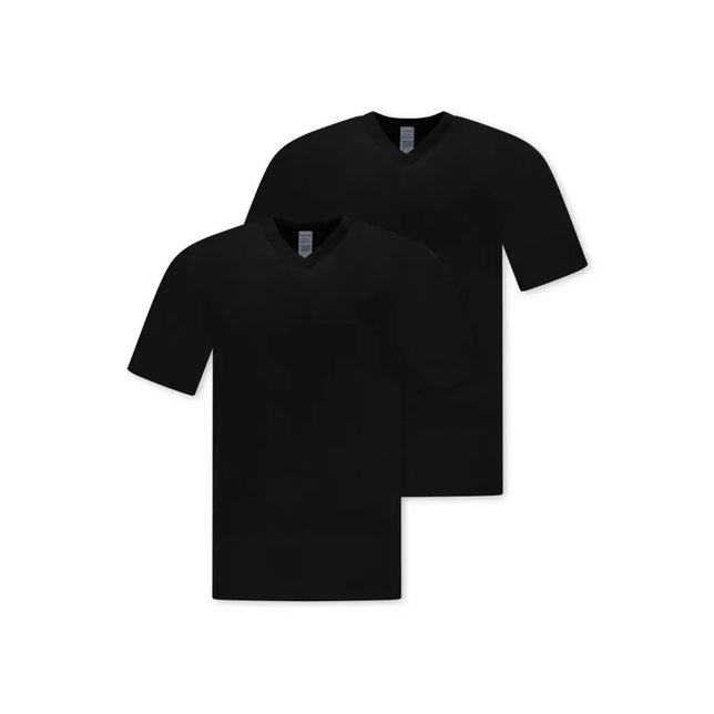 Twee zwarte Schiesser heren shirts 1/2 008151 met korte mouwen en een V-hals. - Jambelles