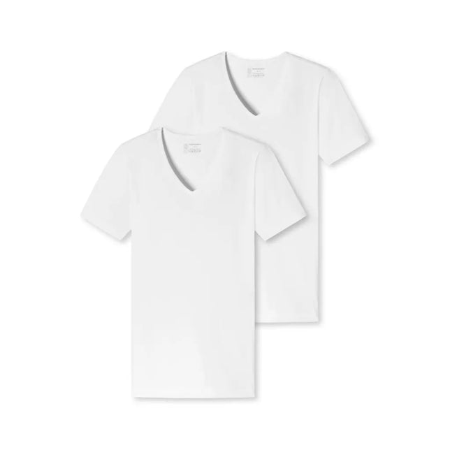 Twee witte Schiesser heren shirts met korte mouwen en V-hals, 2-pack. - Jambelles