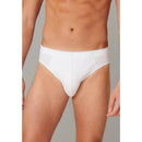 Schiesser heren slip Supermini 173807 in wit, met gladde tailleband, hoog uitgesneden pijpen en verticale voornaad. - Jambelles