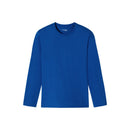Blauw shirt met lange mouwen en ronde hals van een niet zichtbaar merk, effen uitgevoerd en gedragen door een man. - Jambelles