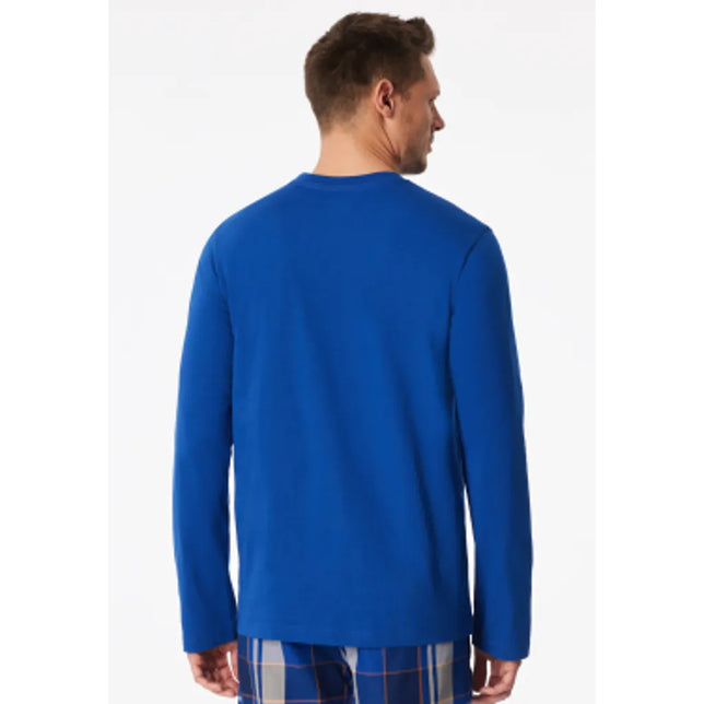 Achteraanzicht van blauw shirt van onbekend merk met lange mouwen, ronde hals en effen ontwerp. - Jambelles