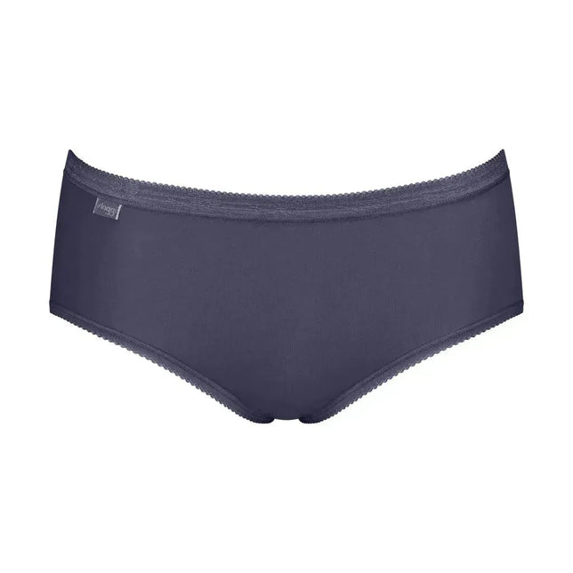 Sloggi dames slip Basi+ Midi in donkerblauw, met elastische tailleband, fijne picotrand en logolabel. - Jambelles