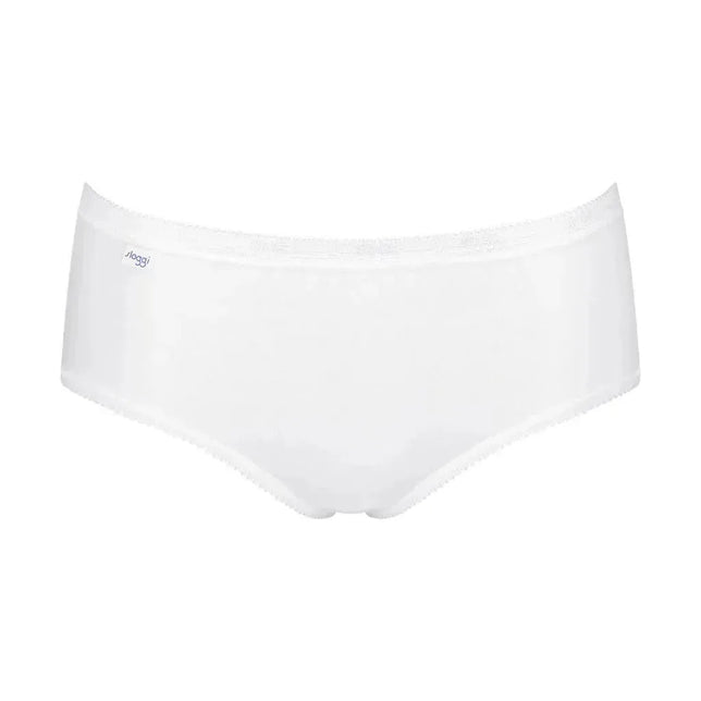 Witte Sloggi Basi+ midi damesslip uit 4-pack met gladde voorkant, elastische randen en klein logo. - Jambelles