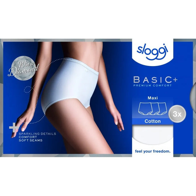 Sloggi Basic+ Diamond Maxi damesslips, witte katoenen 3-pack met hoge taille en subtiele glinsterdetails. - Jambelles