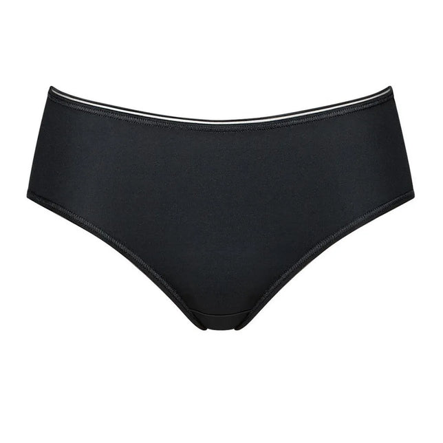 Zwarte Sloggi Feel Sensational Midi damesslip met gladde voorkant en smalle witte bies langs de tailleband. - Jambelles