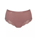 Sloggi dames slip Romance Maxi 10031897 in oudroze, hoog model met kanten inzet bij de beenopeningen en klein logo. - Jambelles