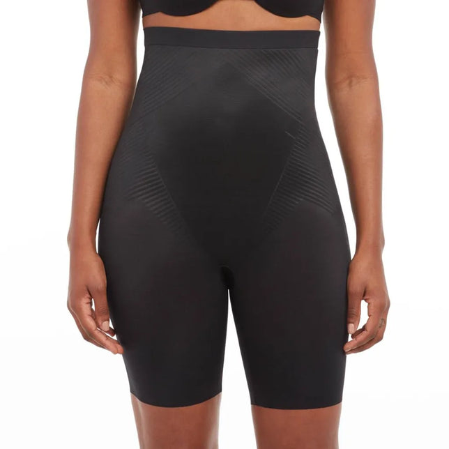 Zwarte Spanx Thinstincts 2.0 lange slip met hoge taille, halflange pijpen en geribde panelen. - Jambelles