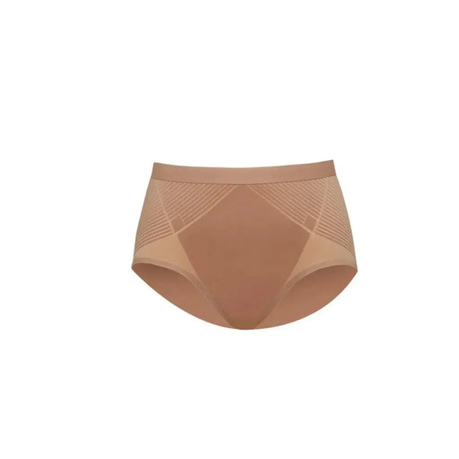 Beige Spanx dameslip Thinstincts 2.0 Brief 10251R met hoge taille, brede band en gestreepte zijpanelen. - Jambelles